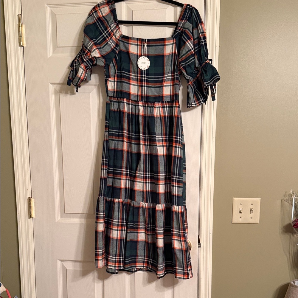 ODDY Teal & Rust Plaid Tiered Midi Dress with Puff Sleeves
